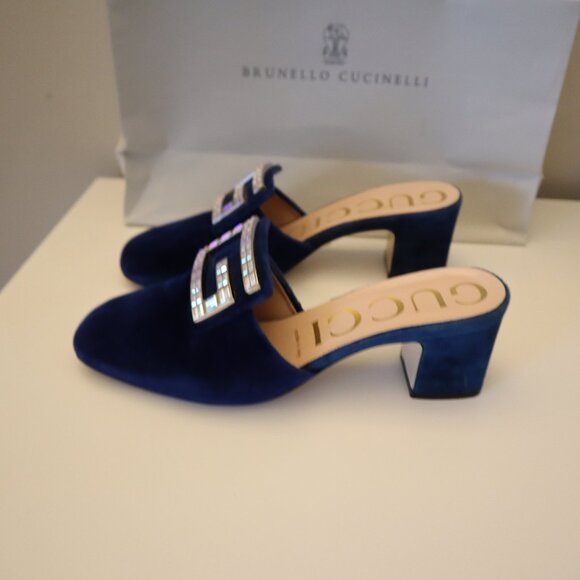 Gucci Madelyn Mules Crystal Logo Velvet Cobalt Blue Size 38 8 - Picture 1 of 12